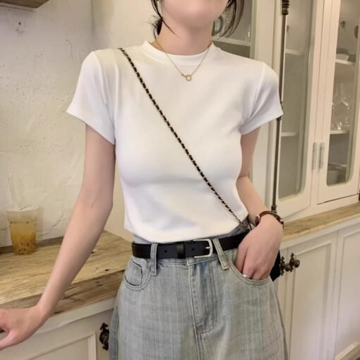 Vapetix S-XL  Elevated-Style Threaded Off-Shoulder Crew Neck T-Shirt for Women | Summer Short-Sleeve, Slim-Fit, V