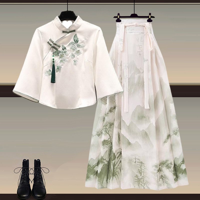Vapetix Suggest 80-100斤 for M-4XL recommended for 180-200 lbs Mint Green New Chinese Style Ancient Wind Women's Summer 2025 Chinese Style Hanfu Top Mamian Skirt
