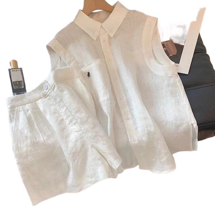 Vapetix M 70-95-2XL 126-140 Lao Qian Windy Casual Linen Set for Women - Summer Thin Breathable Polo Neck Sleeveless Shirt and S