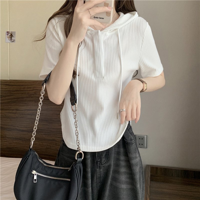 Vapetix M suggestion (40-50 kg)-Size 4XL recommended (181-200 lbs) Women's Hooded Regular Shoulder Short Sleeve T-shirt 2025 Summer Plus Size Slimming Stomach Coverin