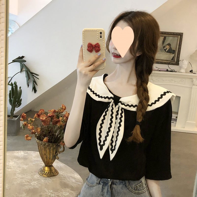 Vapetix S-2XL Women's Design-Oriented, Niche Summer 2025 Short-Sleeve Navy Collar Sweet and Unique Top College St