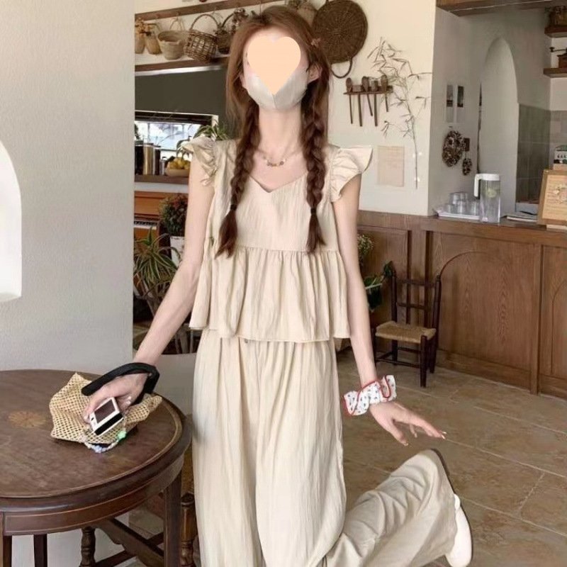 Vapetix S-2XL Salt-style outfit: small fly sleeve short baby doll top women's high-waisted casual wide-leg pants