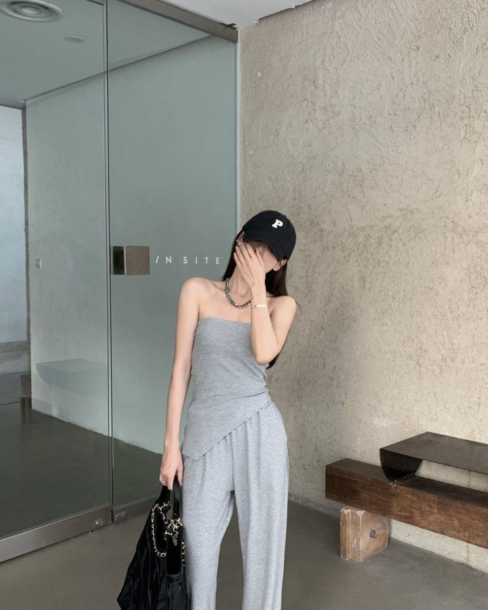 Vapetix S-XL Summer Pure Desire Women's Set: Asymmetrical Knit Bralette + High-Waist Wide-Leg Pants