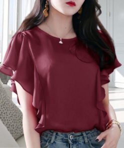 Vapetix XS-4XL  Chic ruffled chiffon shirt, short-sleeved summer new style, large size loose-fit slimming top for w