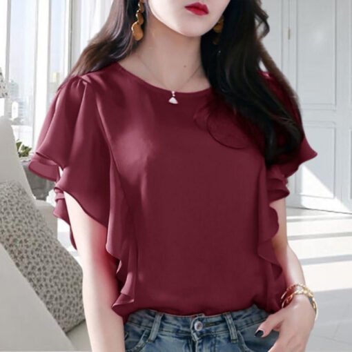 Vapetix XS-4XL  Chic ruffled chiffon shirt, short-sleeved summer new style, large size loose-fit slimming top for w