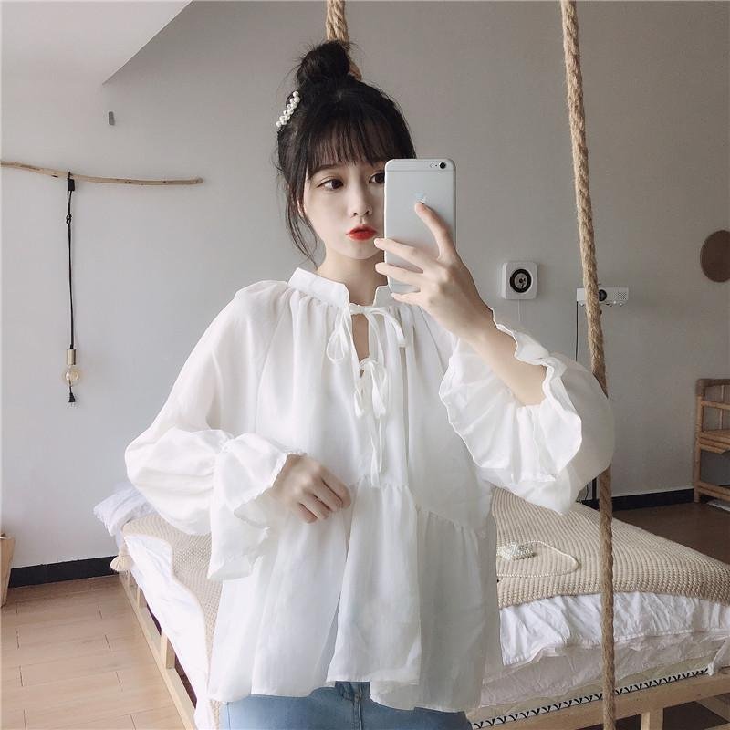 Vapetix S suggests 75-90 pounds-Size 3XL recommended for 130-145 lbs 【5,800 people collected】Summer New Korean Loose Strap Collar Bell Sleeve Babydoll Top Versatile Top – Bild 2