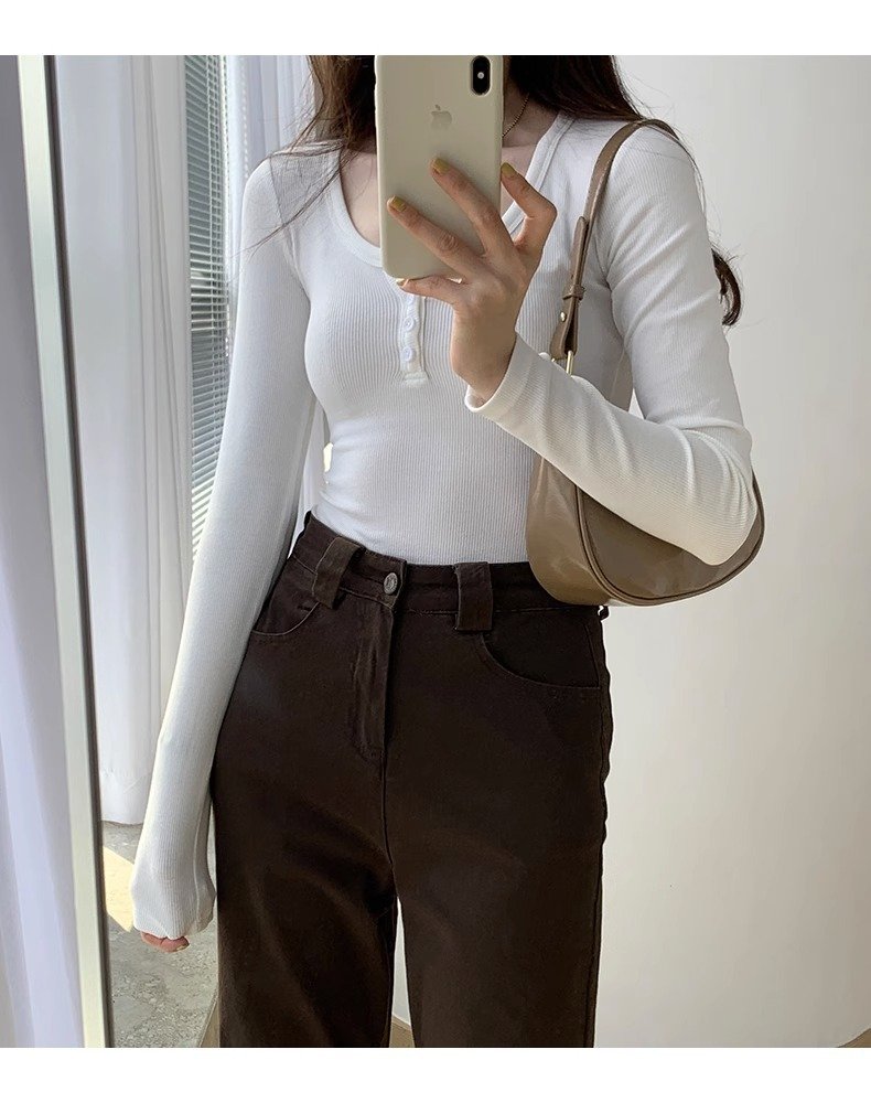 Vapetix ●M-●XXL Women's 2025 Autumn Outfit Inner Shirt Collared Crew Neck Ribbed V-Neck White Long Sleeve T-Shirt