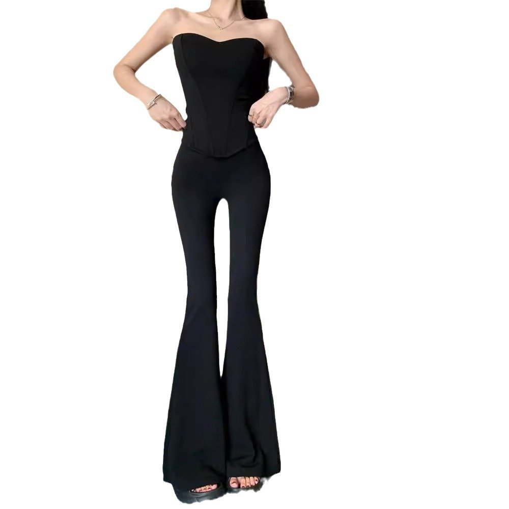 Vapetix S-XL Lady's Fish Bone Lace Bralette Black Backless Top with Spring Micro Flare Casual Floor-Length Pants – Bild 3