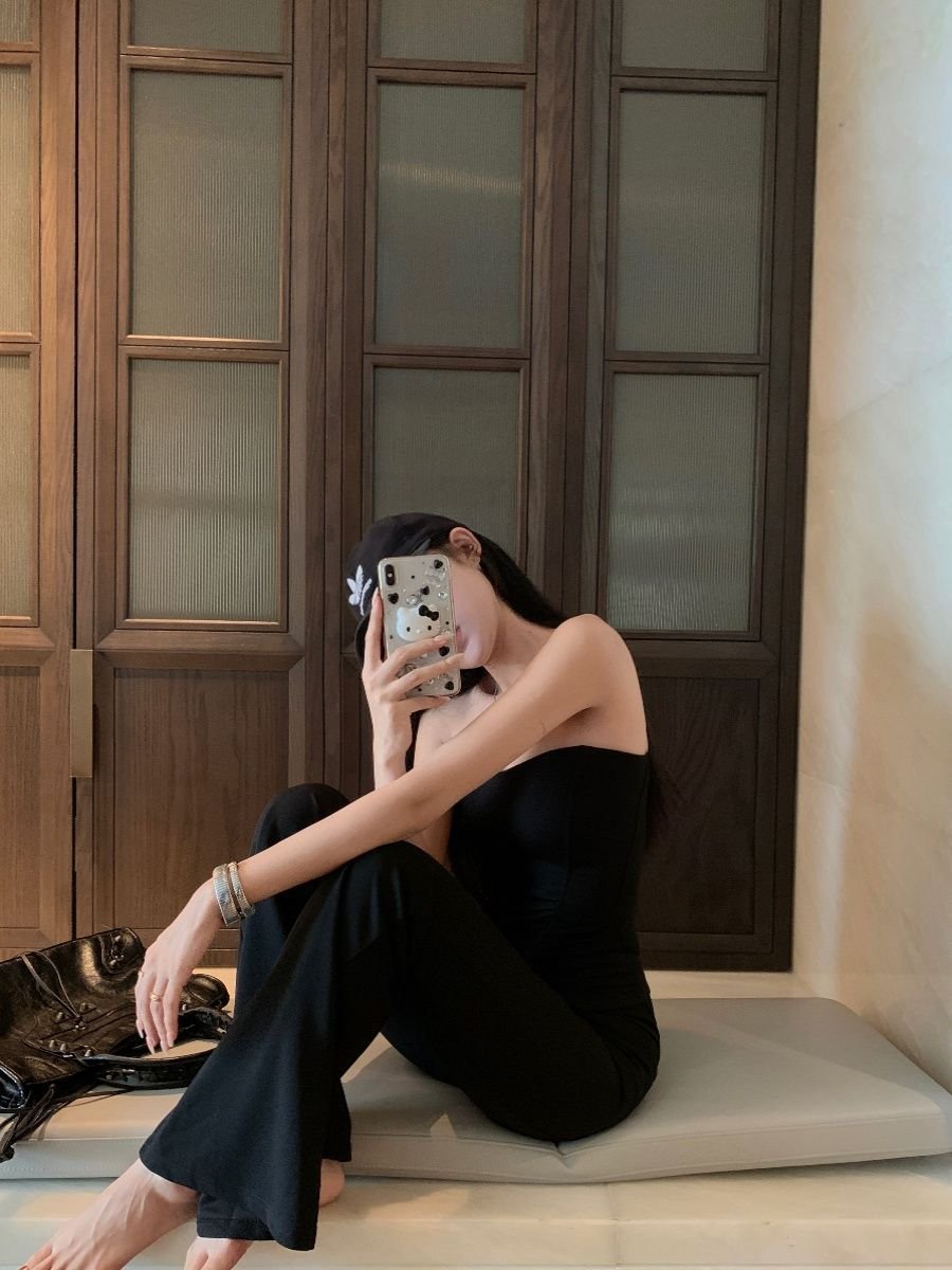 Vapetix S-XL Lady's Fish Bone Lace Bralette Black Backless Top with Spring Micro Flare Casual Floor-Length Pants – Bild 5