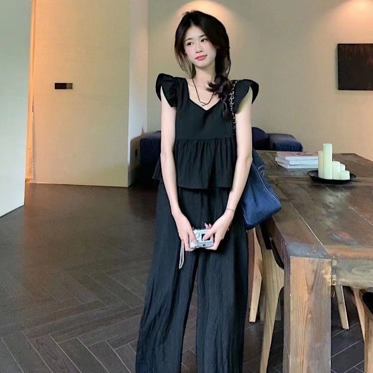 Vapetix S-2XL Salt-style outfit: small fly sleeve short baby doll top women's high-waisted casual wide-leg pants – Bild 2