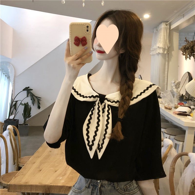 Vapetix S-2XL Women's Design-Oriented, Niche Summer 2025 Short-Sleeve Navy Collar Sweet and Unique Top College St – Bild 2