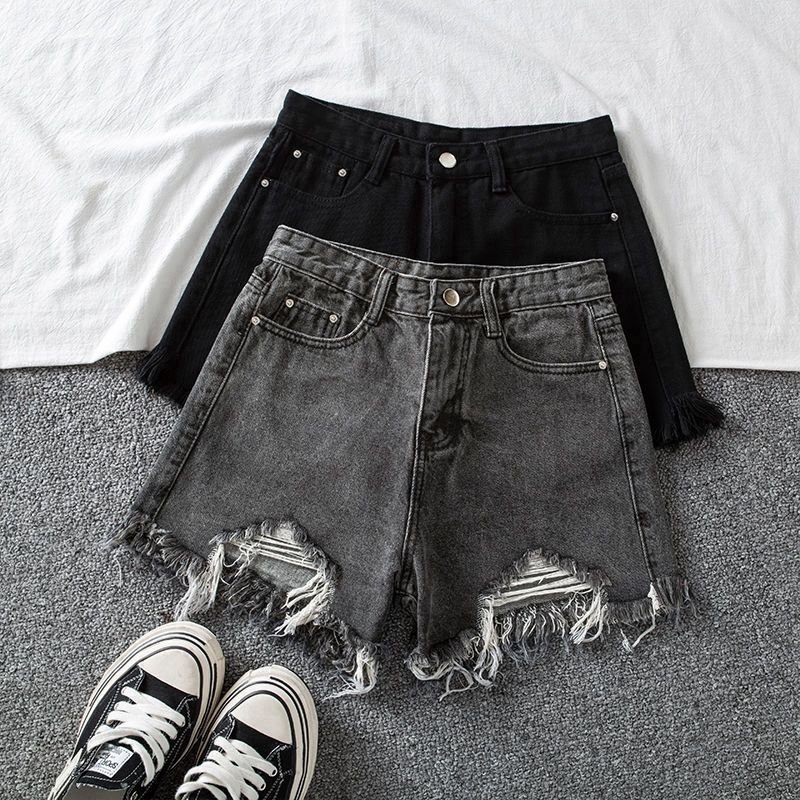 Vapetix S-2XL Gray denim shorts for women, summer tassel high-waisted frayed loose slimming student ripped Instag – Bild 2