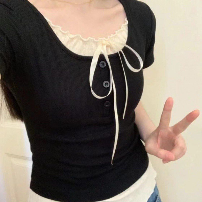 Vapetix S ✪▽✪-The 6XL didn't ship ✪▽✪ Pure desire has no rivals! Color-blocking faux two-piece, regular shoulder top for women, summer ne – Bild 2