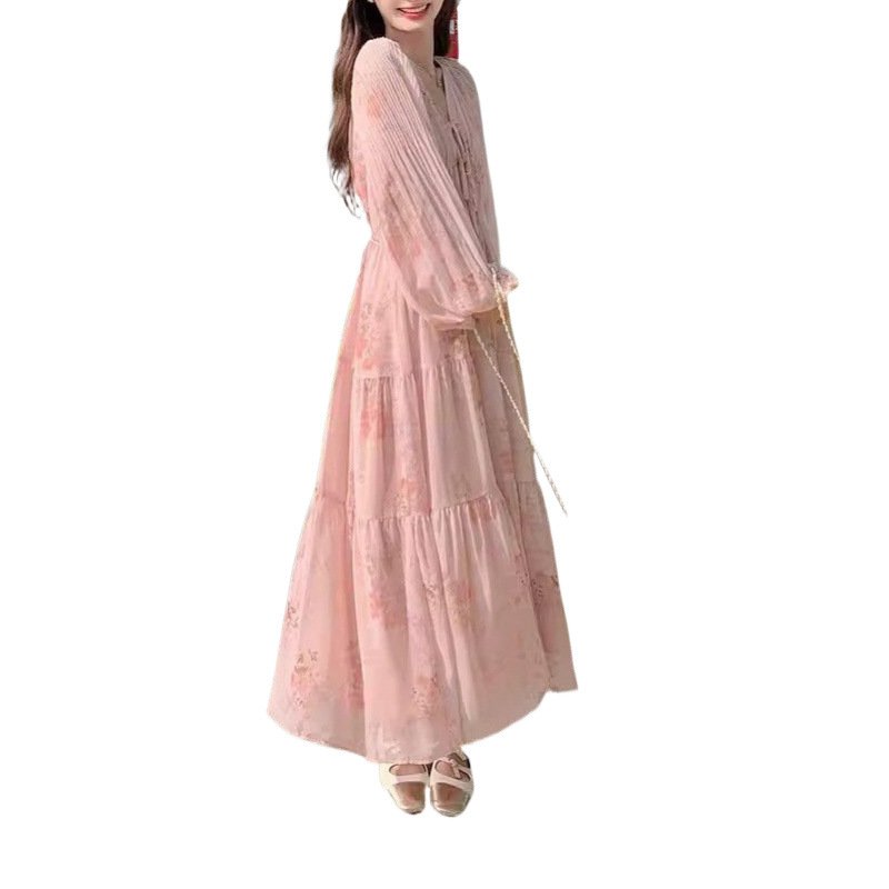 Vapetix S-2XL Long-sleeved Dress Korean Version 2025 Summer New Floral Loose Cover Belly Lantern Sleeve Dopamine