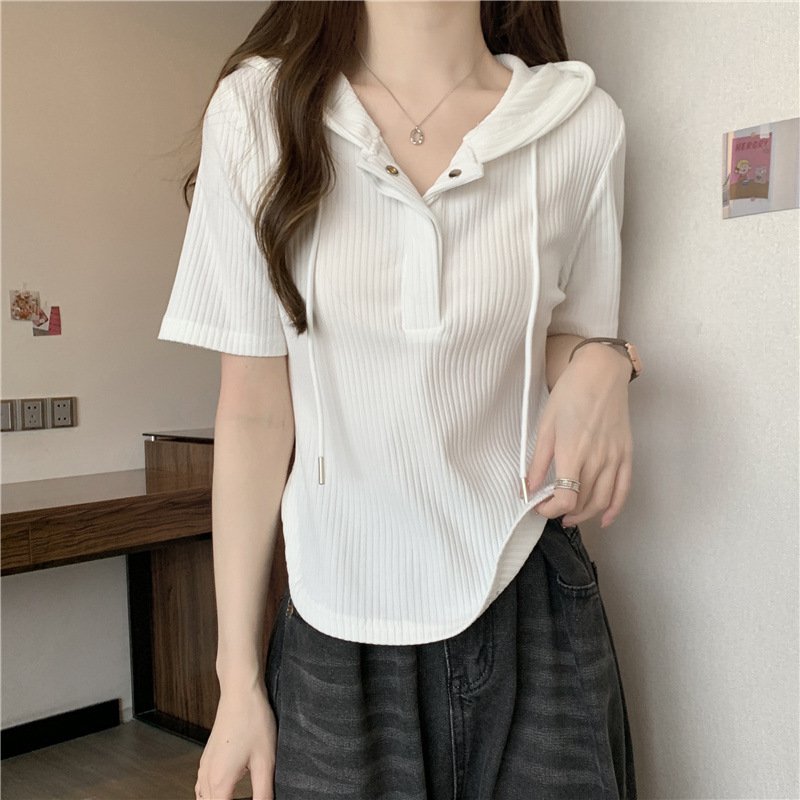 Vapetix M suggestion (40-50 kg)-Size 4XL recommended (181-200 lbs) Women's Hooded Regular Shoulder Short Sleeve T-shirt 2025 Summer Plus Size Slimming Stomach Coverin – Bild 2