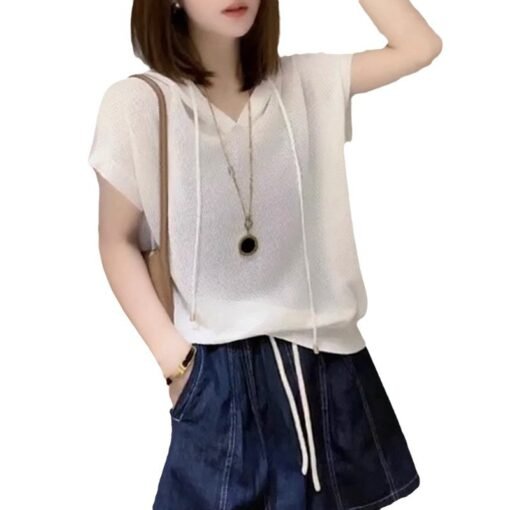 Vapetix Free Size-Free Size  High-end Women's Fashion 2024 New Summer Stylish and Elegant Hooded Knit Top with Drawstring, Thin – Bild 2
