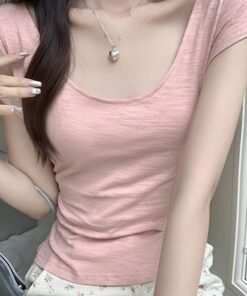 Vapetix S-XL 【32 Bamboo Joint Cotton】Apricot Color U-Neck Short Sleeve Short Dress for Unique Trendy Girls Slimm