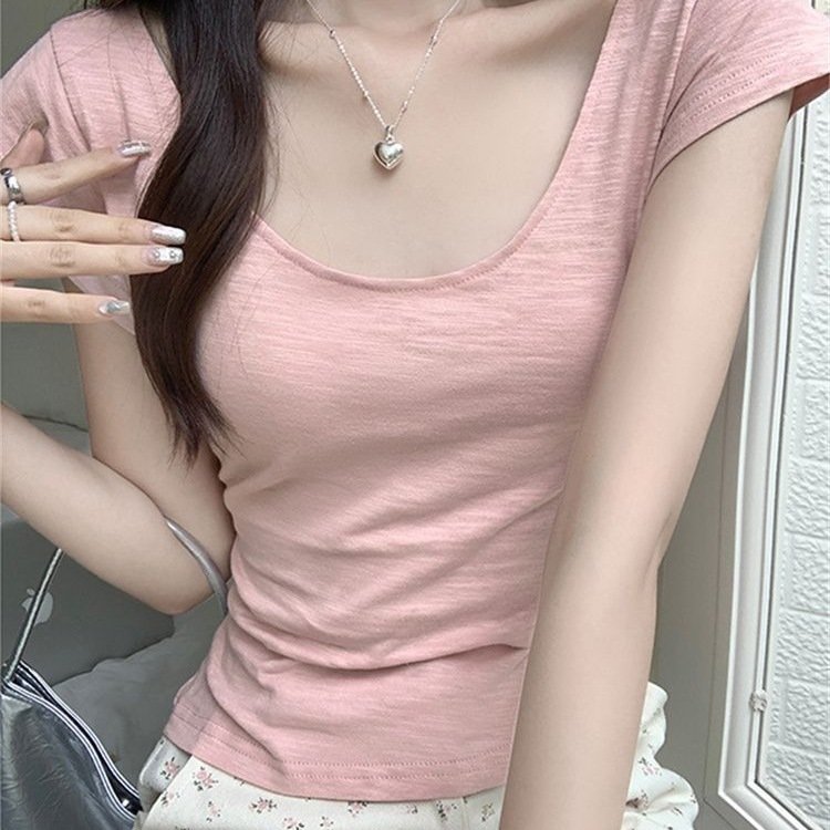 Vapetix S-XL 【32 Bamboo Joint Cotton】Apricot Color U-Neck Short Sleeve Short Dress for Unique Trendy Girls Slimm