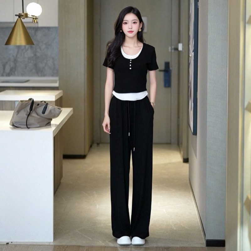 Vapetix M 【Recommended 40-50 kg】-4XL 【Suggested 155-170 lbs】 Summer Women's Sporty Casual Slimming Two-Piece Set with Pseudo Two-Piece Top and Wide Leg Pants Se – Bild 2
