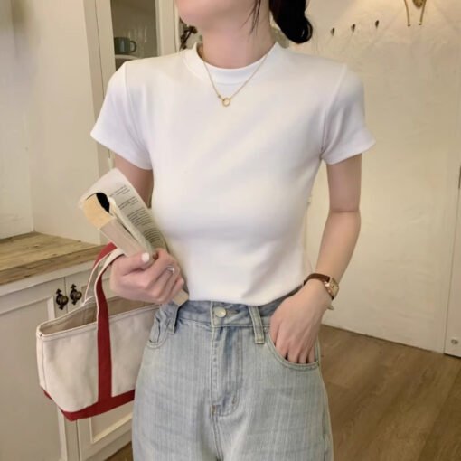 Vapetix S-XL  Elevated-Style Threaded Off-Shoulder Crew Neck T-Shirt for Women | Summer Short-Sleeve, Slim-Fit, V – Bild 3
