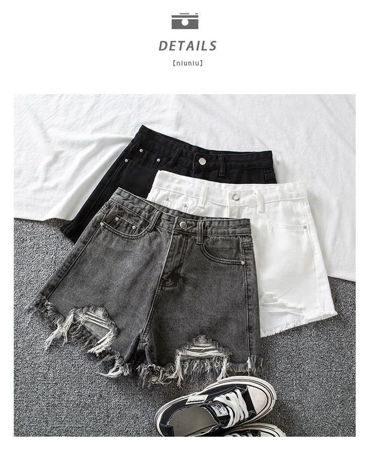 Vapetix S-2XL Gray denim shorts for women, summer tassel high-waisted frayed loose slimming student ripped Instag – Bild 3