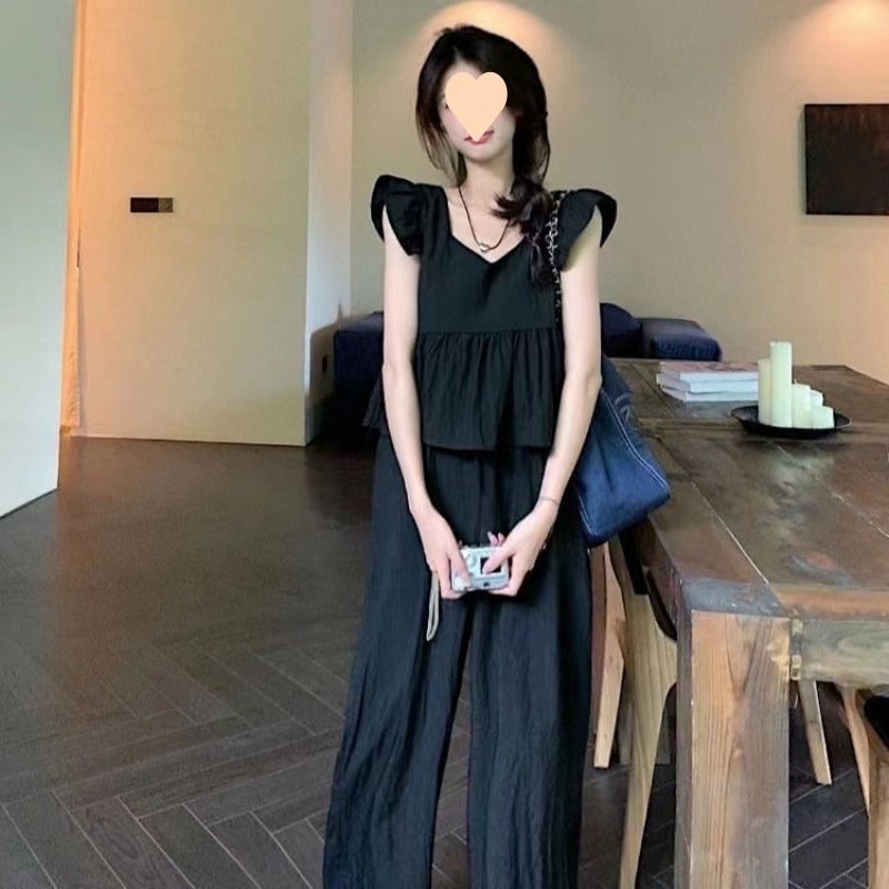 Vapetix S-2XL Salt-style outfit: small fly sleeve short baby doll top women's high-waisted casual wide-leg pants – Bild 3