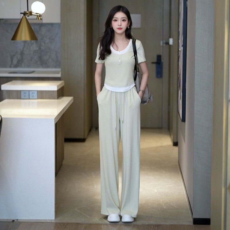 Vapetix M 【Recommended 40-50 kg】-4XL 【Suggested 155-170 lbs】 Summer Women's Sporty Casual Slimming Two-Piece Set with Pseudo Two-Piece Top and Wide Leg Pants Se – Bild 3