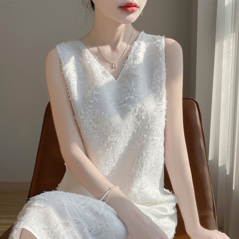 Vapetix M- Summer French New Style 2025 Medium-Length Elegant Embossed Sleeveless Dress Blouse with Floral Col – Bild 2