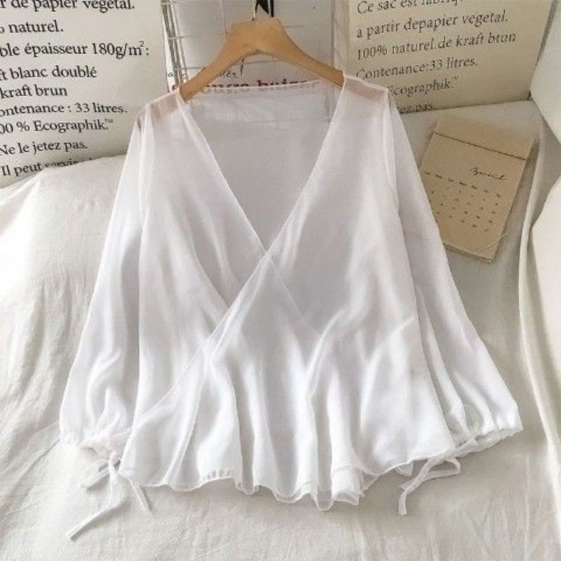 Vapetix S-2XL Summer white fairy-like thin versatile chiffon open jacket women's top for layering long-sleeved su – Bild 4