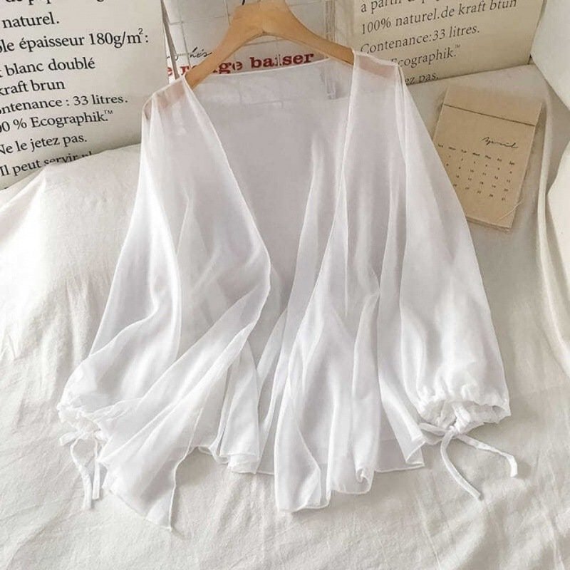 Vapetix S-2XL Summer white fairy-like thin versatile chiffon open jacket women's top for layering long-sleeved su – Bild 5