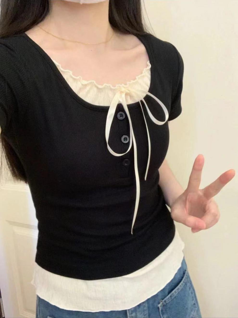 Vapetix S ✪▽✪-The 6XL didn't ship ✪▽✪ Pure desire has no rivals! Color-blocking faux two-piece, regular shoulder top for women, summer ne – Bild 3