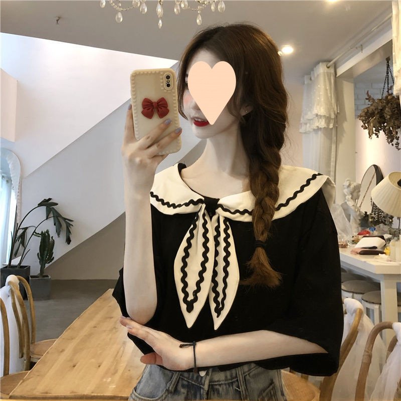 Vapetix S-2XL Women's Design-Oriented, Niche Summer 2025 Short-Sleeve Navy Collar Sweet and Unique Top College St – Bild 5