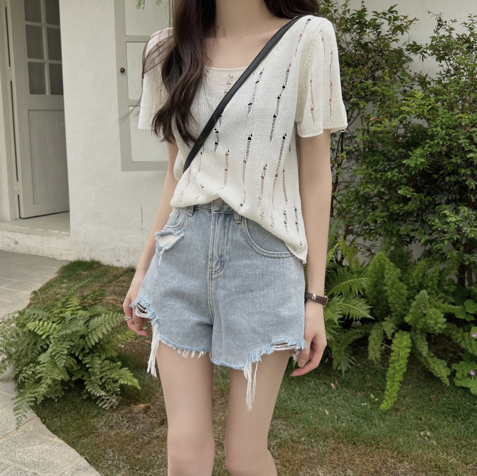 Vapetix Free Size-Free Size French-style T-shirt summer new women's clothing cleverly designed hollow-out t-shirt knitted shirt – Bild 3