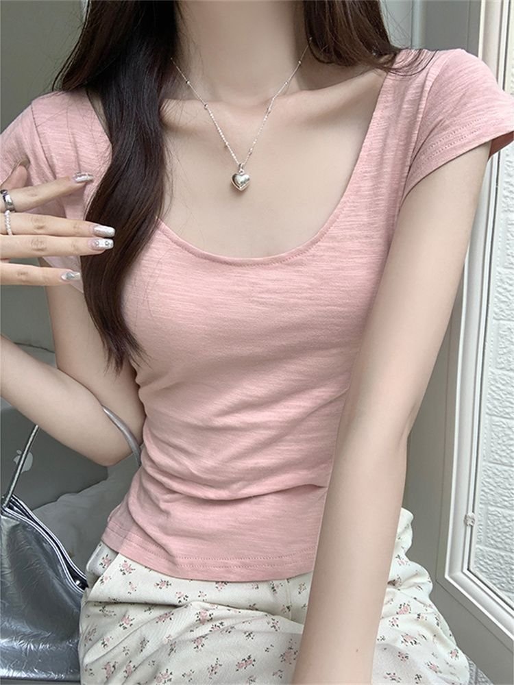 Vapetix S-XL 【32 Bamboo Joint Cotton】Apricot Color U-Neck Short Sleeve Short Dress for Unique Trendy Girls Slimm – Bild 2