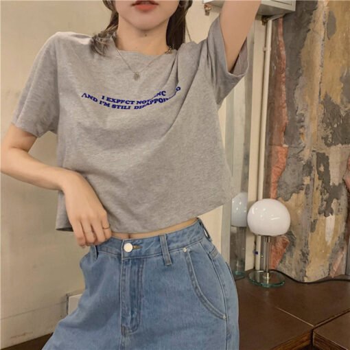 Vapetix M-2XL  2025 Summer Korean Version New Loose Short Length Subtle Nipple Revealing Letter Print Short Sleeve – Bild 2