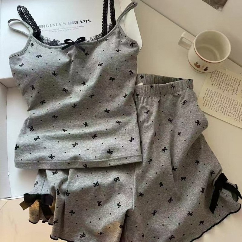 Vapetix M recommends 75-90 pounds-2XL recommended 120-140 Korean-style girl spaghetti strap sleepwear set for summer with design elements, bow lace, lace tri – Bild 2