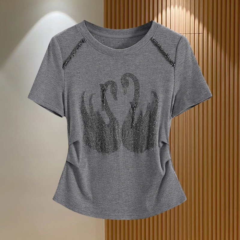 Vapetix M【85-100 pounds】-XXXL【160-175 lbs】 2025 Summer Fashion Trendy Gray Short-Sleeve T-Shirt for Women Slimming Embroidered Heavy Work with – Bild 3