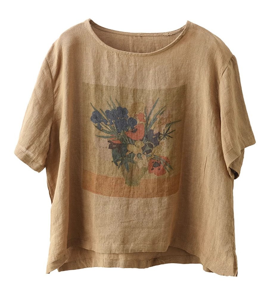 Vapetix M-3XL #603 2025 Summer Printed Cotton-Linen Blouse Women's Round Neck Short Sleeve Top in Linen Brown, Ca – Bild 2
