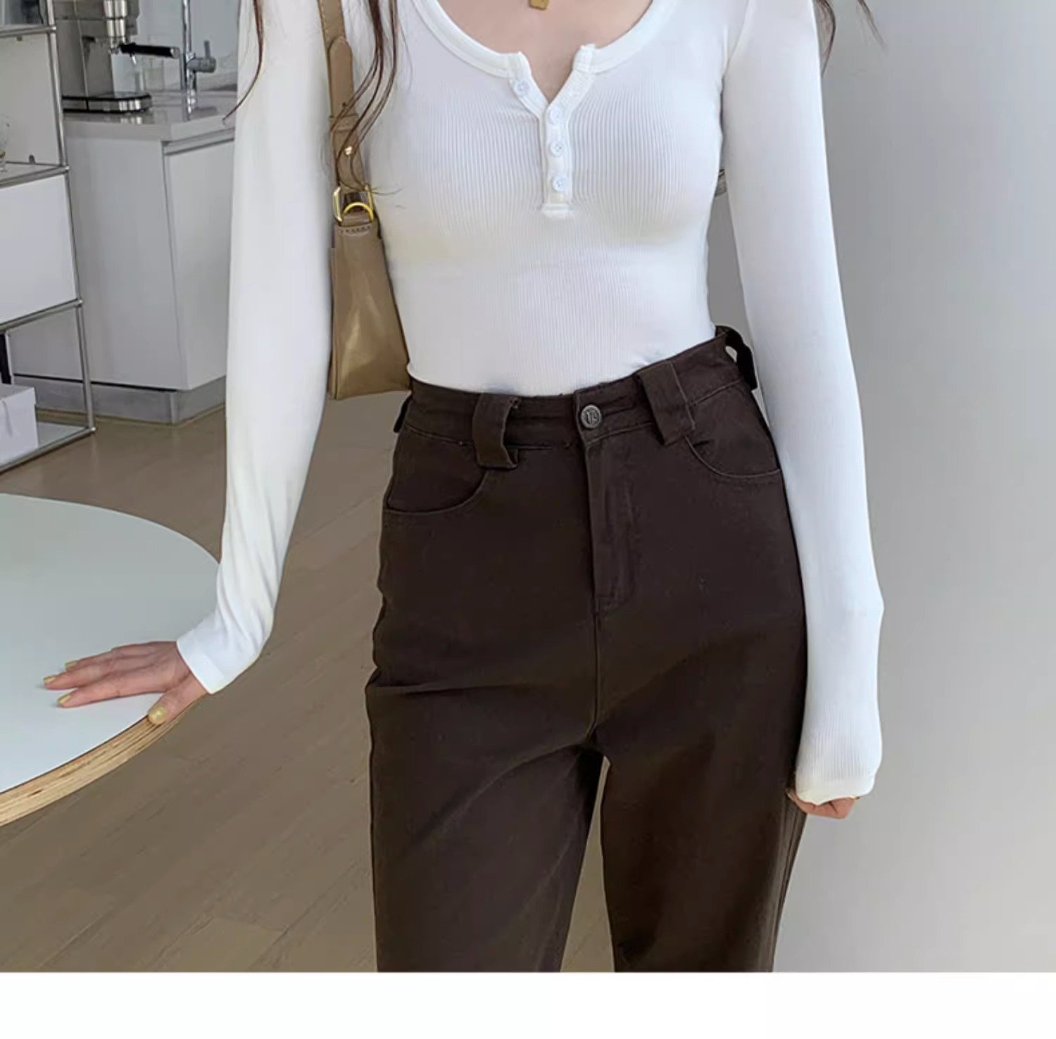 Vapetix ●M-●XXL Women's 2025 Autumn Outfit Inner Shirt Collared Crew Neck Ribbed V-Neck White Long Sleeve T-Shirt – Bild 2