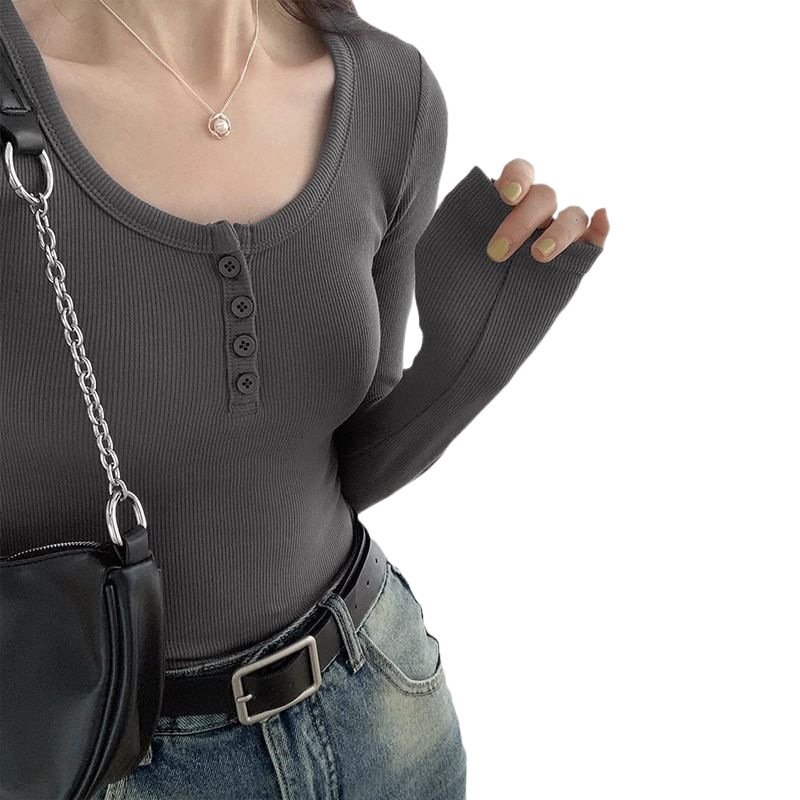 Vapetix ●M-●XXL Women's 2025 Autumn Outfit Inner Shirt Collared Crew Neck Ribbed V-Neck White Long Sleeve T-Shirt – Bild 3