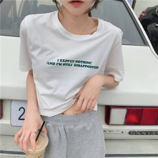 Vapetix M-2XL  2025 Summer Korean Version New Loose Short Length Subtle Nipple Revealing Letter Print Short Sleeve – Bild 3