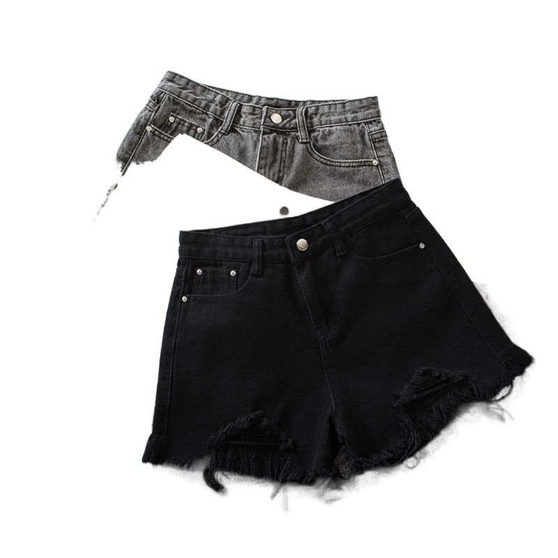 Vapetix S-2XL Gray denim shorts for women, summer tassel high-waisted frayed loose slimming student ripped Instag – Bild 4