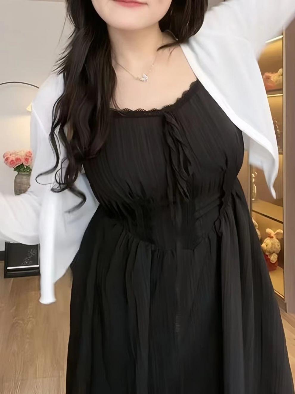Vapetix Suggestion for M: 80-100 pounds-3XL size is recommended for 160-180 lbs. Plus-size sweet spaghetti-strap dress with a slimming effect, featuring an open-front cardigan—this – Bild 2