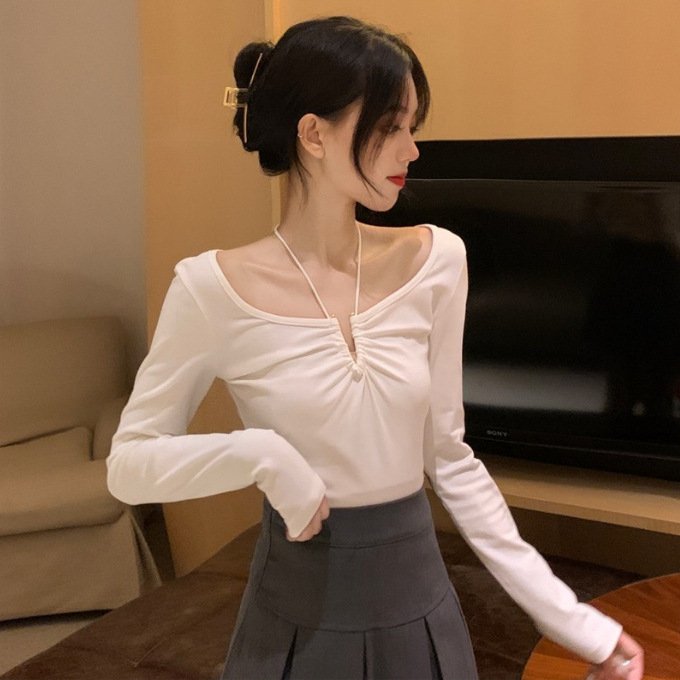 Vapetix Unisex (80-120)-Unisex (80-120) Pure Desire Hot Girl Long Sleeve T-Shirt Women Design Fitted Revealing Collar Slimming Base Top for – Bild 3