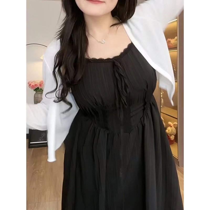 Vapetix Suggestion for M: 80-100 pounds-3XL size is recommended for 160-180 lbs. Plus-size sweet spaghetti-strap dress with a slimming effect, featuring an open-front cardigan—this – Bild 3