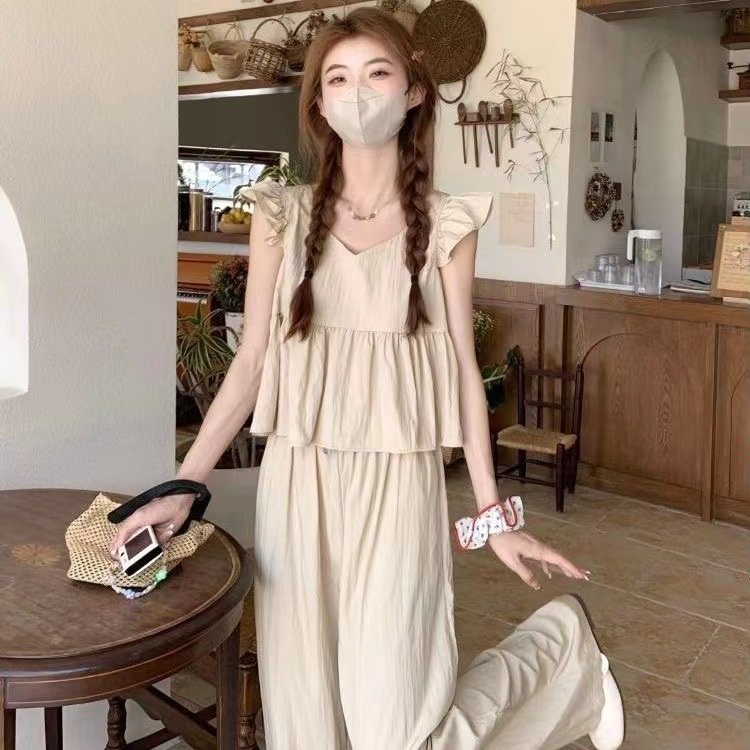 Vapetix S-2XL Salt-style outfit: small fly sleeve short baby doll top women's high-waisted casual wide-leg pants – Bild 5