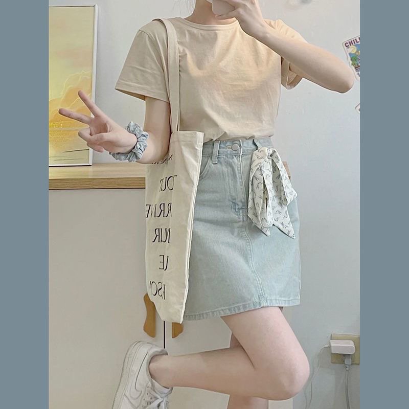 Vapetix S-XL French-style new Chinese dopamine summer short-sleeve date set dress with floral denim short skirt, – Bild 4