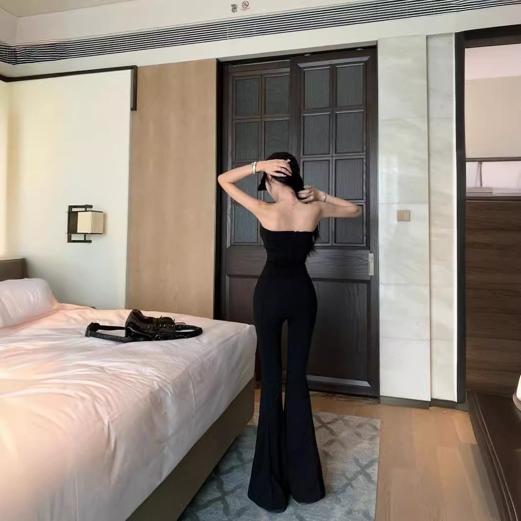 Vapetix S-XL Lady's Fish Bone Lace Bralette Black Backless Top with Spring Micro Flare Casual Floor-Length Pants – Bild 7