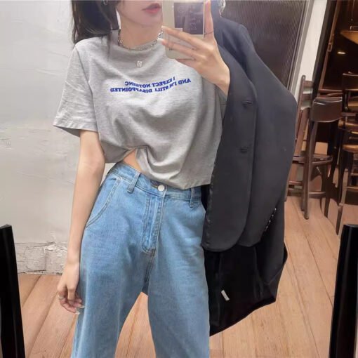Vapetix M-2XL  2025 Summer Korean Version New Loose Short Length Subtle Nipple Revealing Letter Print Short Sleeve – Bild 4