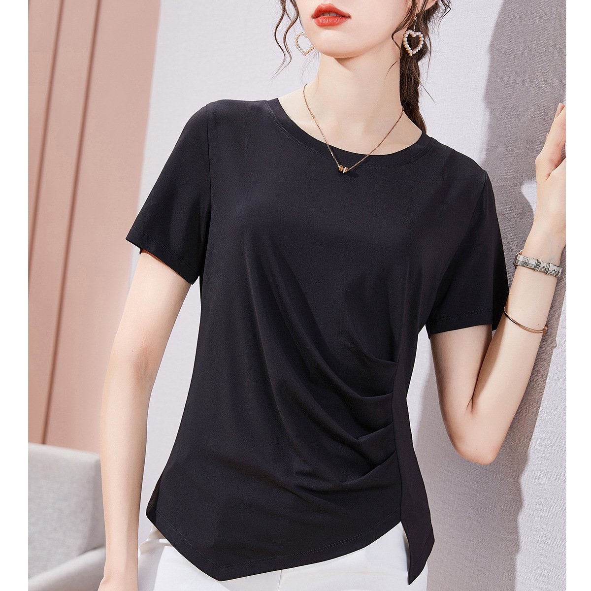 Vapetix M-XXXXL Women's Short Sleeve Summer T-shirt 2025 with Pleated Design, Asymmetrical Top, Trendy and Stylish – Bild 4